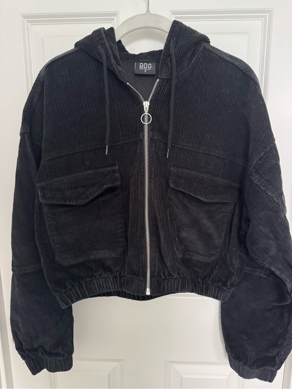 BDG Black Corduroy Hooded Zip Jacket with Patch Pockets